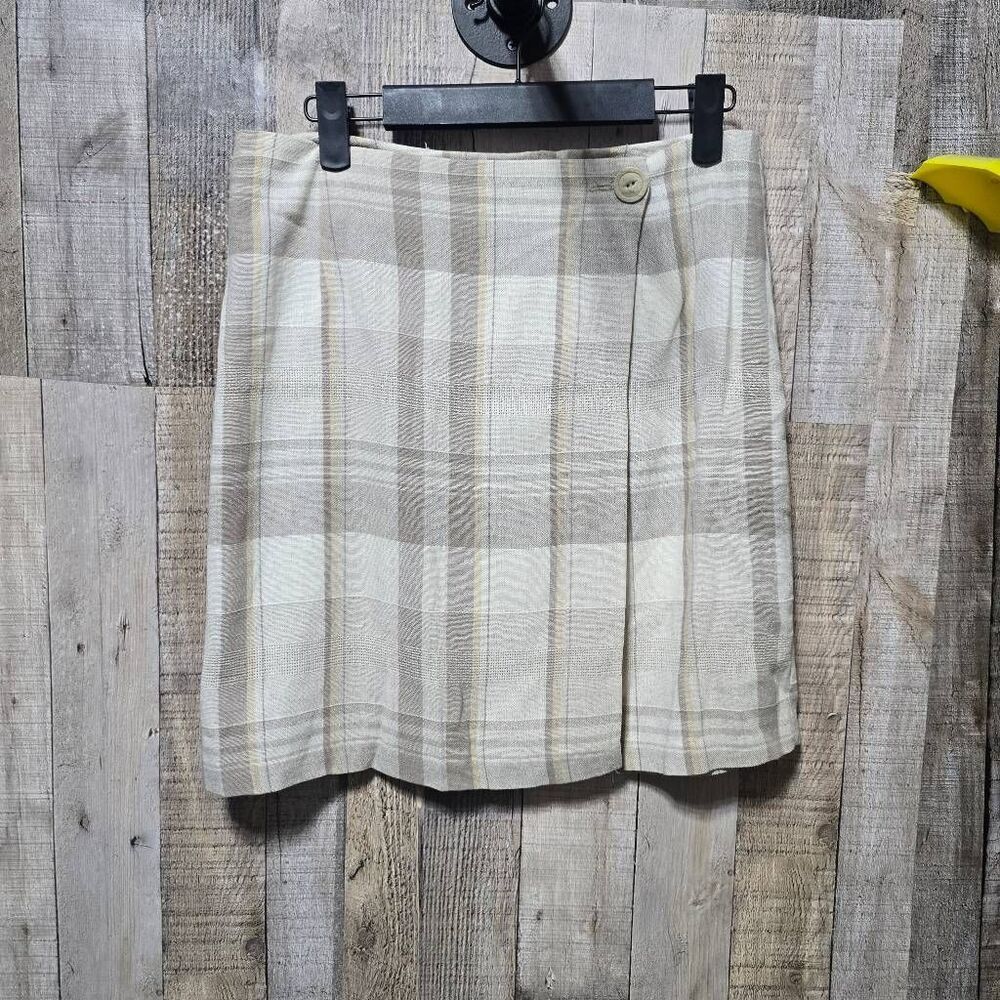 Studio J Vintage 90s Tan Beige Plaid Wrap Linen Blend Mini Skirt Academia Preppy
